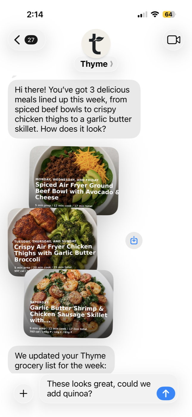 Krillo texting a personalized meal plan